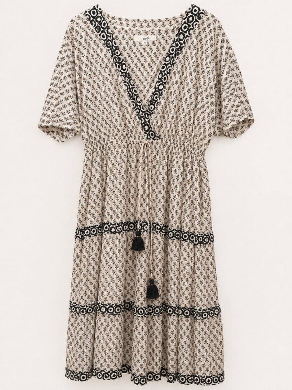 Adrift 2XL Floral Gold Lurex Tiered Maxi Dress Boho Block Print Tassel